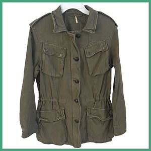 Free People Olive Green Utility Jacket Drawstring Waist‎ Cargo Pockets Size S